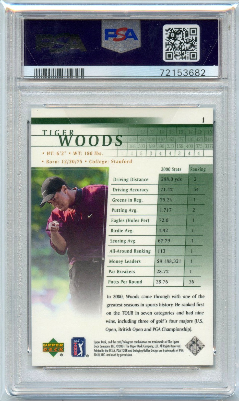 Tiger Woods RC 2001 Upper Deck Golf Rookie #1 PSA 9-2