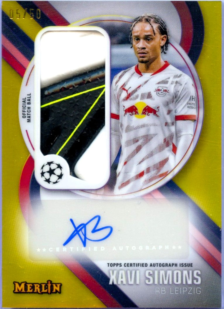 Xavi Simons 2024-25 Topps Merlin Gold Ball Piece Patch Auto SP 5/50