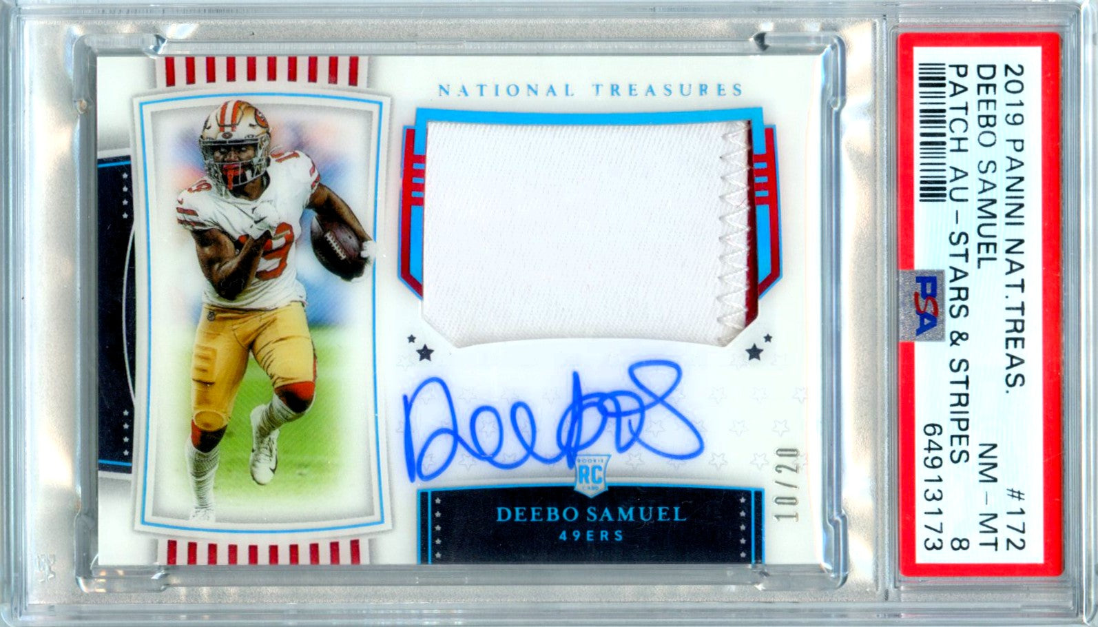 Deebo Samuel RC 2019 National Treasures Stars & Stripes Rookie Patch Auto SP 10/20 PSA 8