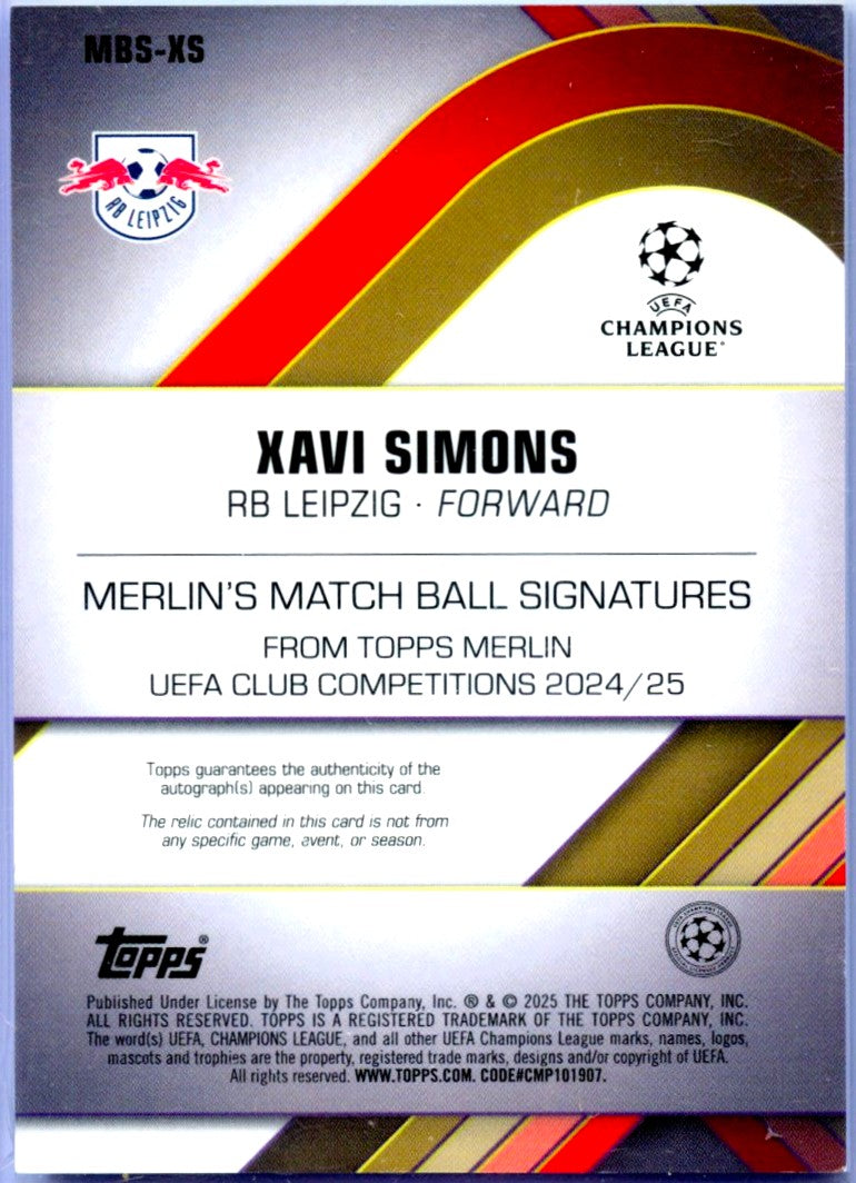 Xavi Simons 2024-25 Topps Merlin Gold Ball Piece Patch Auto SP 5/50