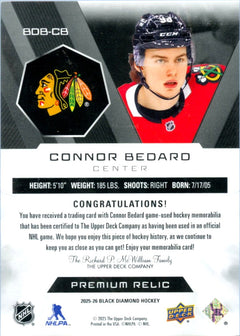 Connor Bedard 2025-26 Upper Deck Black Diamond Game Used Patch SP 3/25-2