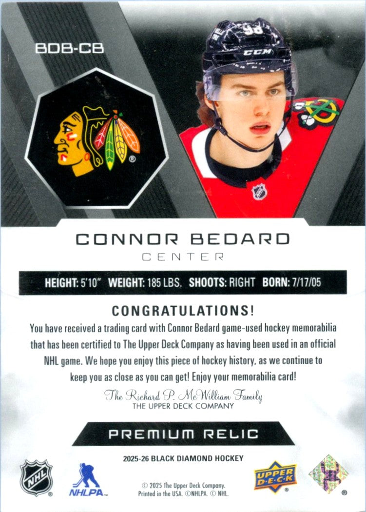 Connor Bedard 2025-26 Upper Deck Black Diamond Game Used Patch SP 3/25-2