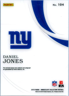 Daniel Jones RC 2019 Immaculate Rookie Jersey Patch Auto SP 98/99-2
