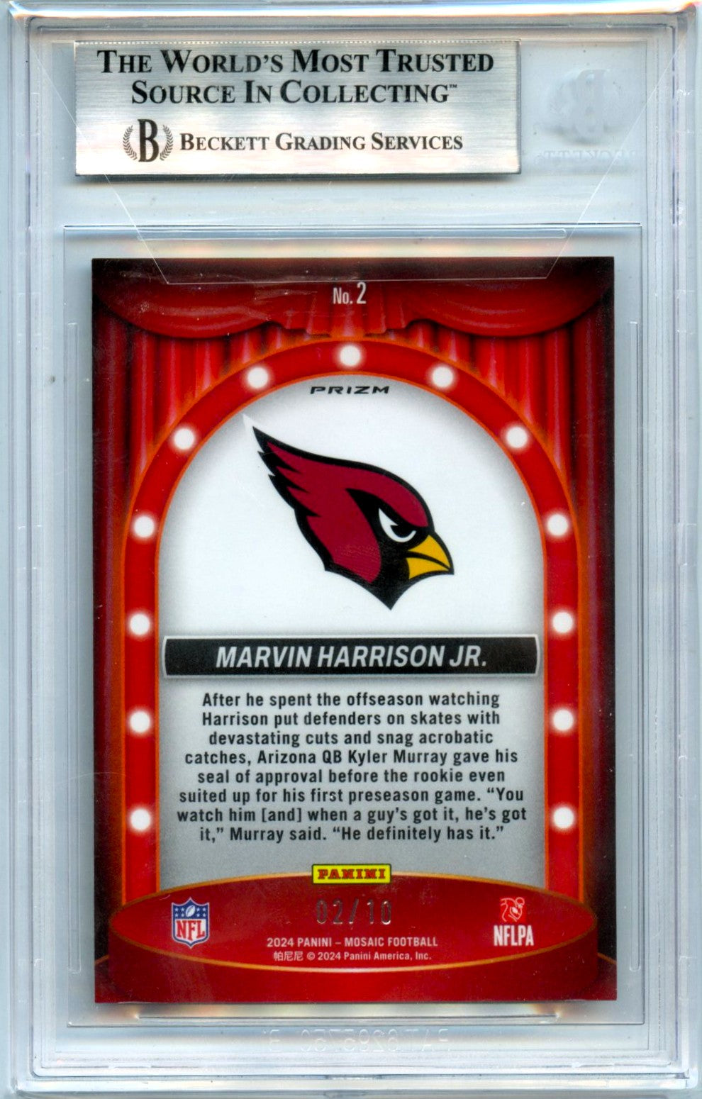 Marvin Harrison Jr RC 2024 Panini Mosaic Gold Center Stage Rookie SP 2/10 BGS 8.5-2