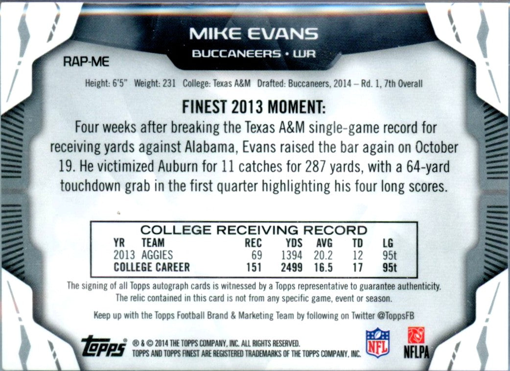 Mike Evans RC 2014 Topps Finest Red Refractor Rookie Patch Auto SP 69/75