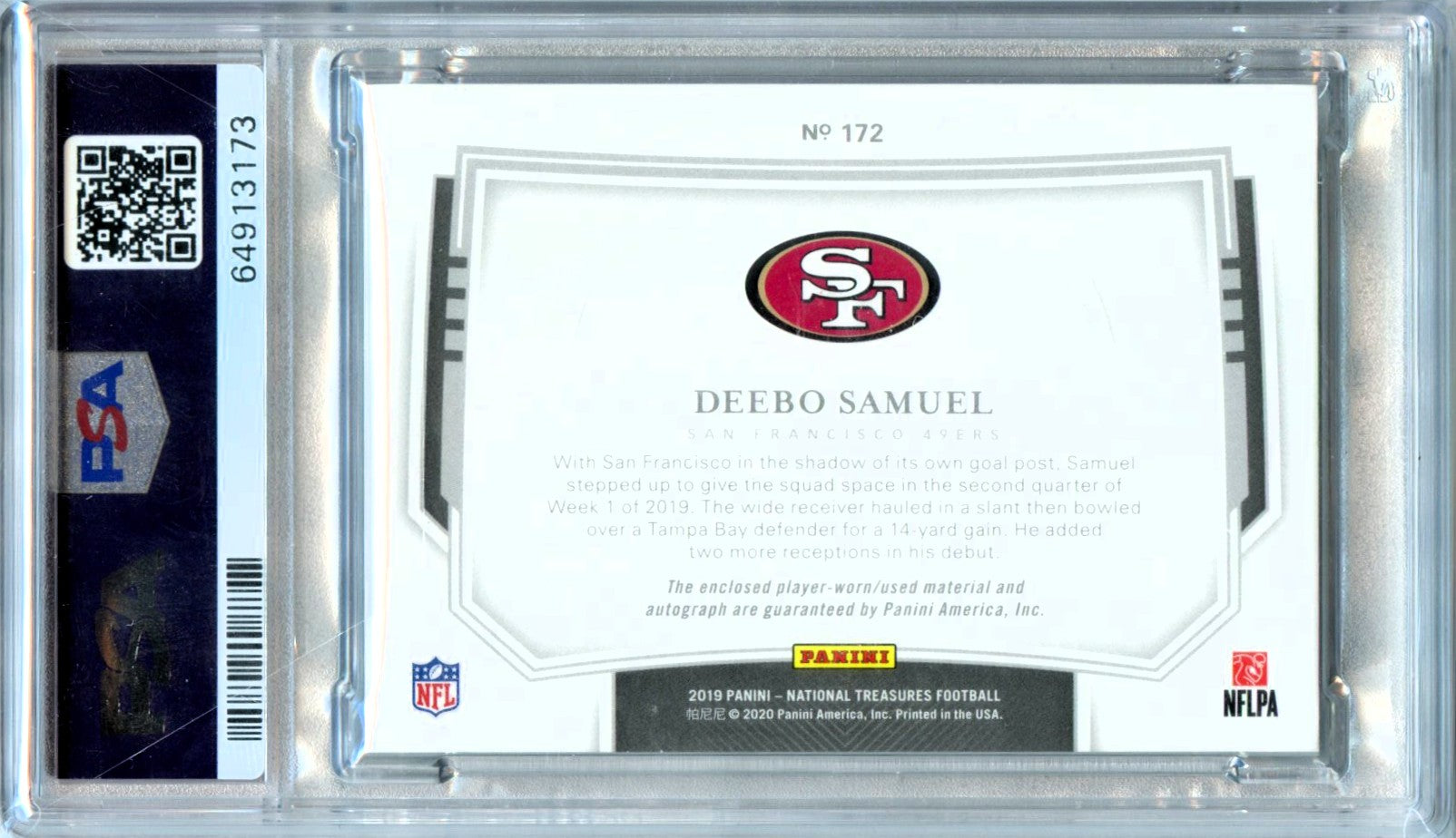 Deebo Samuel RC 2019 National Treasures Stars & Stripes Rookie Patch Auto SP 10/20 PSA 8-2