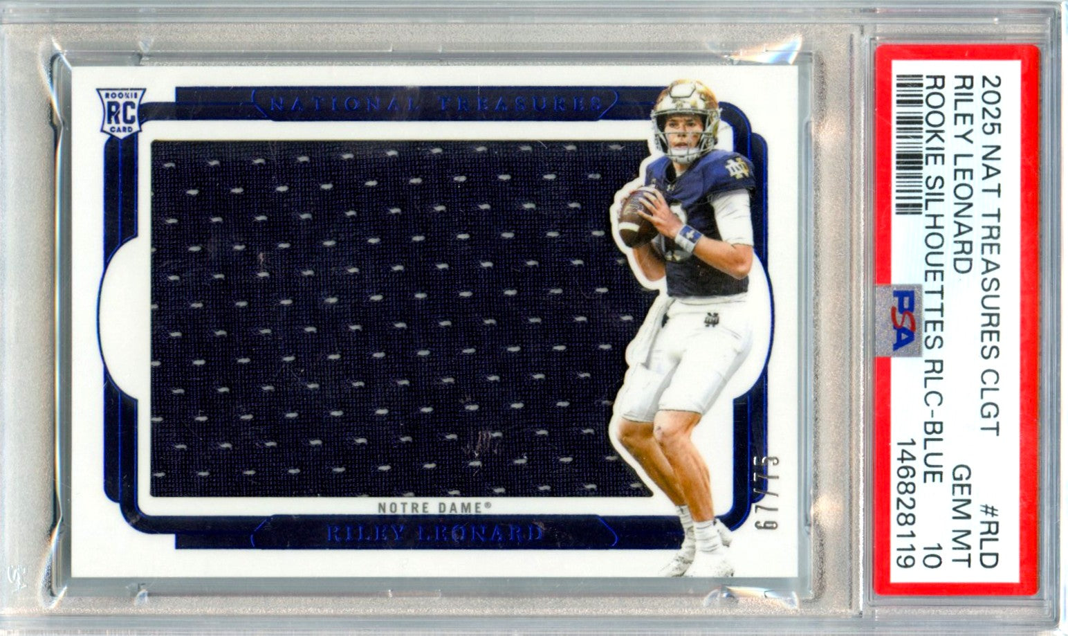 Riley Leonard RC 2025 National Treasures Collegiate Blue Jumbo Rookie Patch SP 67/75 PSA 10