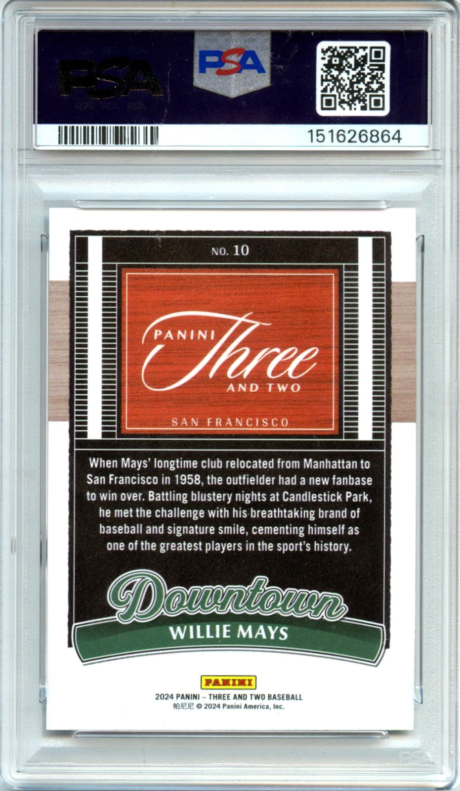 Willie Mays 2024 Panini Three And Two Downtown Case Hit SSP #10 PSA 10-2