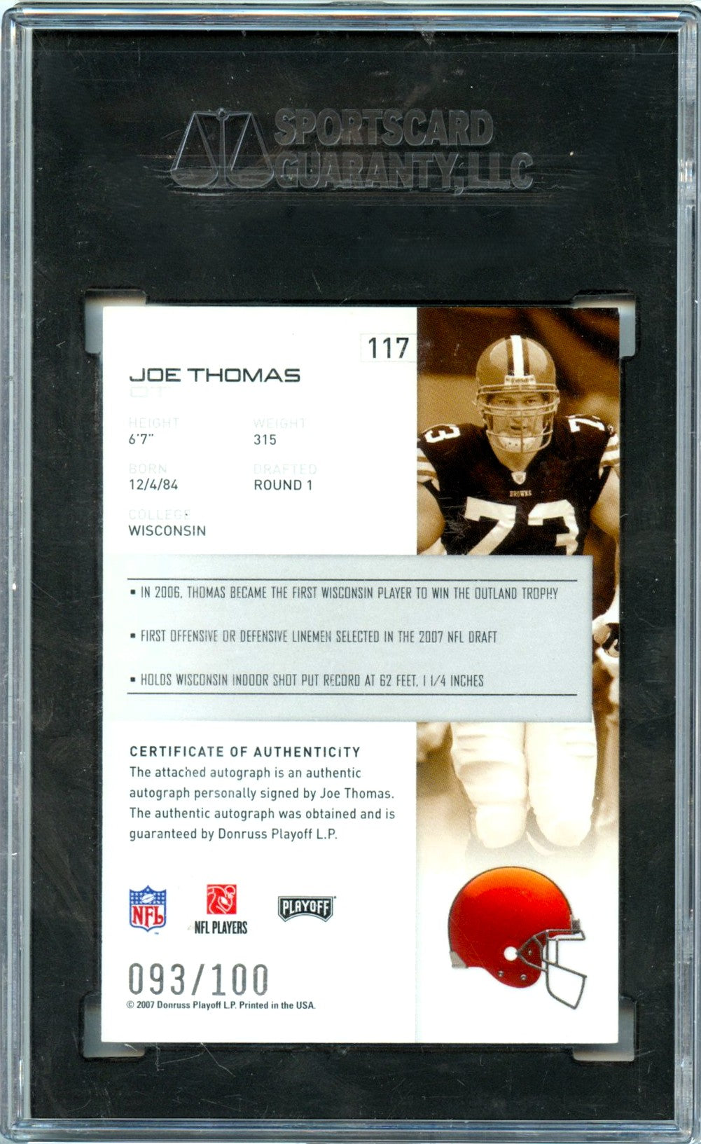 Joe Thomas RC 2007 Playoff Red Rookie Auto SP 93/100 SGC 8-2