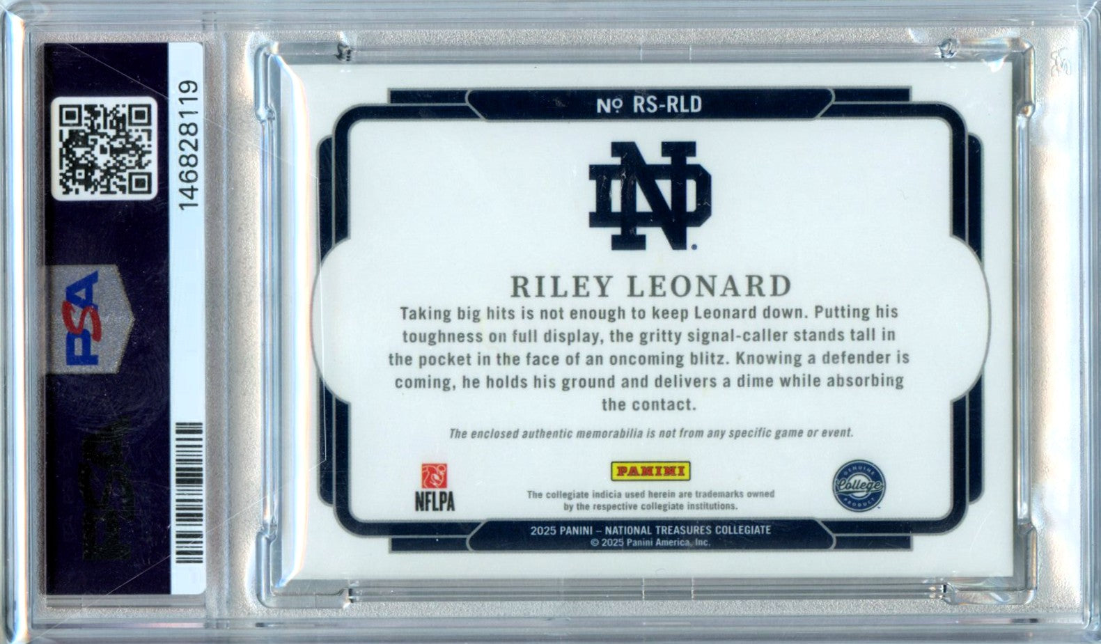 Riley Leonard RC 2025 National Treasures Collegiate Blue Jumbo Rookie Patch SP 67/75 PSA 10-2