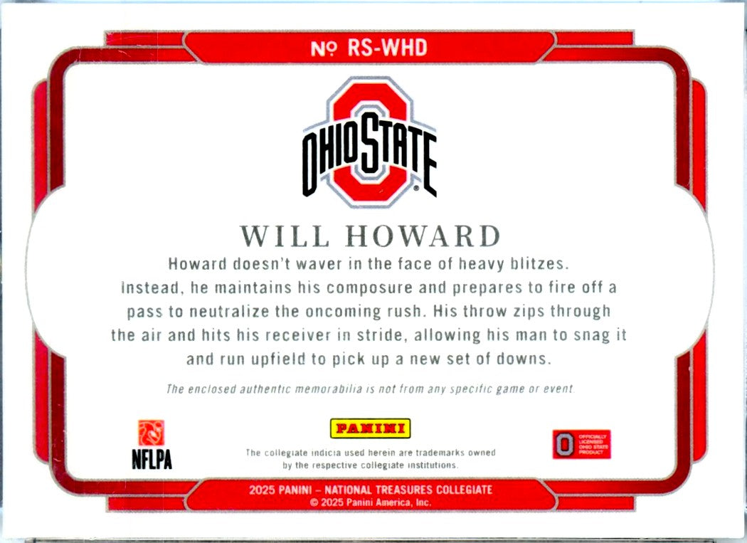 Will Howard RC 2025 National Treasures Collegiate Green Jumbo Rookie Patch Auto SP 5/5-2