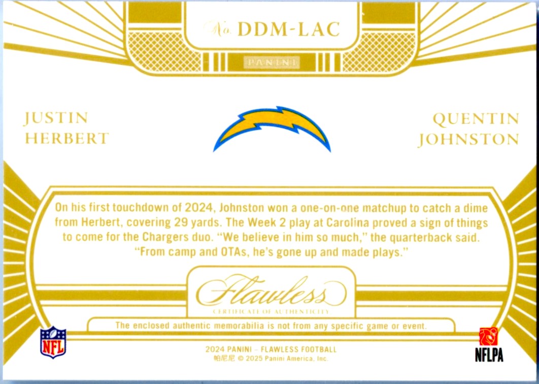 Justin Herbert Quentin Johnston 2024 Flawless Blue Dual Diamond Patch SP 9/10