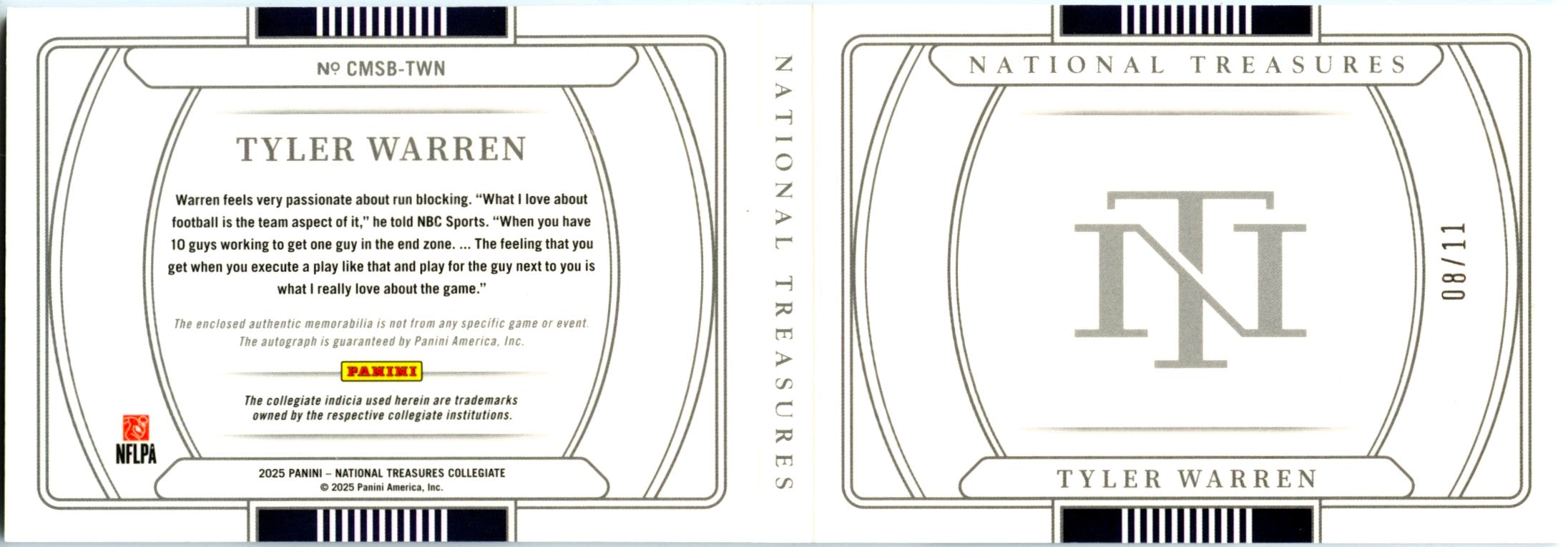 Tyler Warren RC 2025 National Treasures Collegiate Red Booklet Rookie Patch Auto SP 8/11