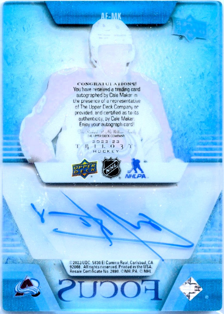 Cale Makar 20022-23 Upper Deck Trilogy Focus Clear Auto