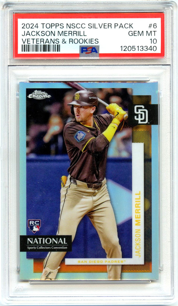 Product Jackson Merrill 2024 Topps Chrome National Silver Pack Rookie $6 PSA 10 Link