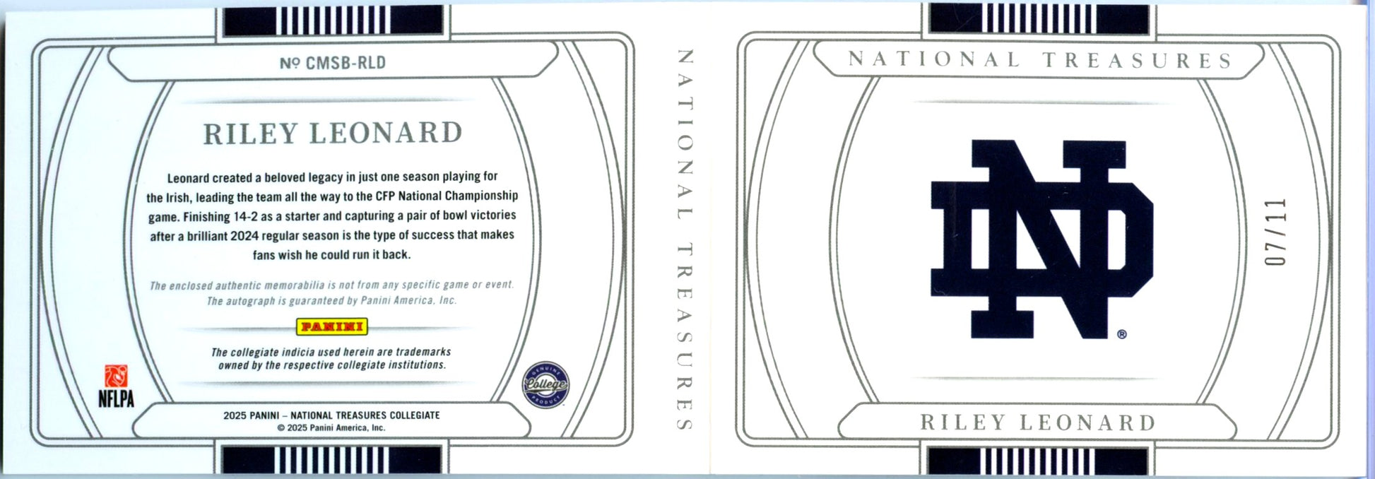 Riley Leonard RC 2025 National Treasures Collegiate Red Booklet Rookie Patch Auto SP 7/11-2