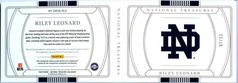 Riley Leonard RC 2025 National Treasures Collegiate Red Booklet Rookie Patch Auto SP 7/11-2
