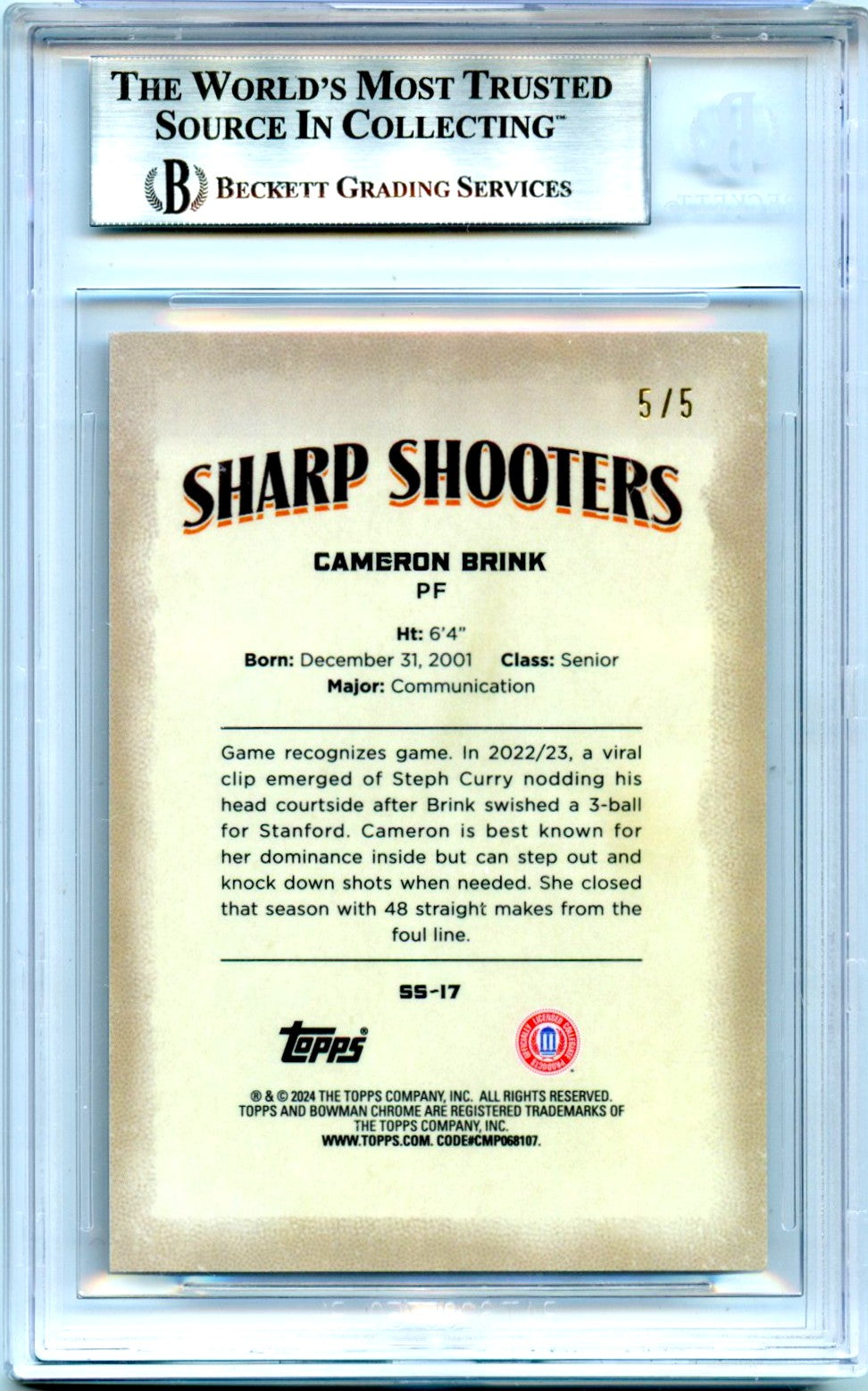 Cameron Brink RC 2023-24 Bowman U Chrome Red Sharp Shooters Rookie SP 5/5 BGS 9