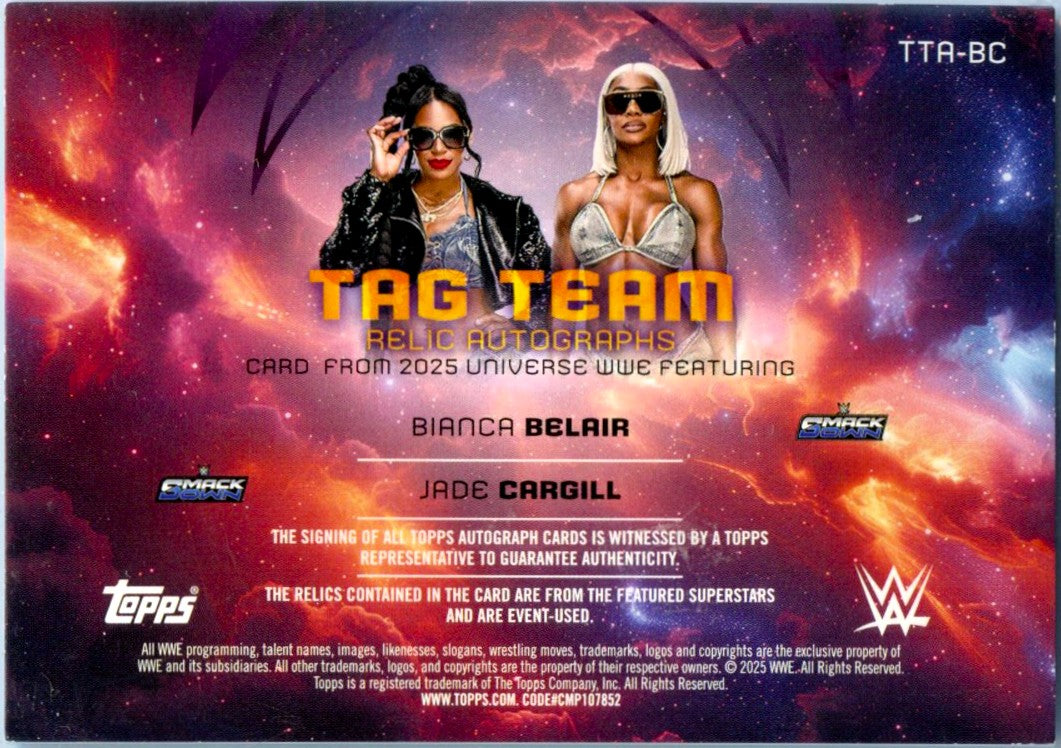 Bianca Belair Jade Cargill 2025 Topps Universe WWE Tag Team Dual Patch Auto SP 18/50