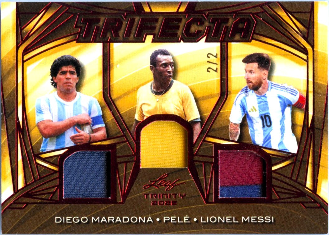 Diego Maradona Pele Lionel Messi 2025 Leaf Trinity Red Trifecta Game Used Patch SP 2/2