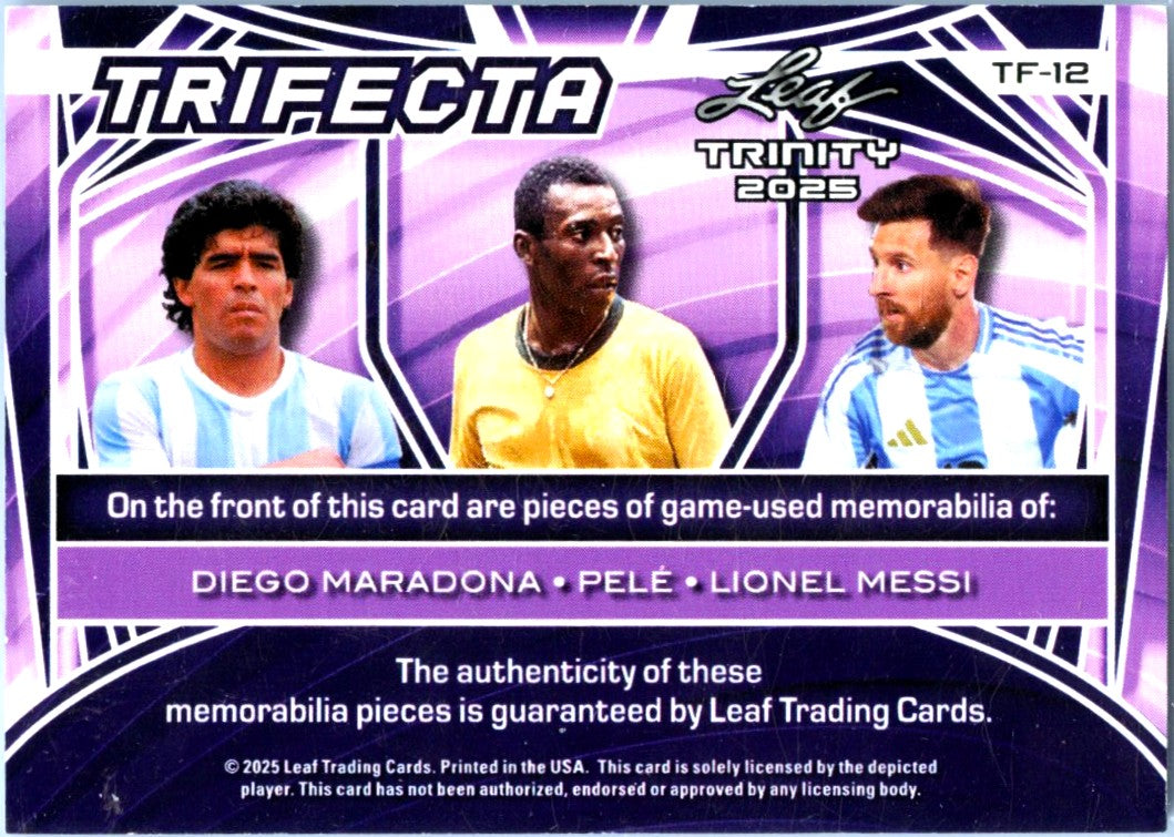 Diego Maradona Pele Lionel Messi 2025 Leaf Trinity Red Trifecta Game Used Patch SP 2/2