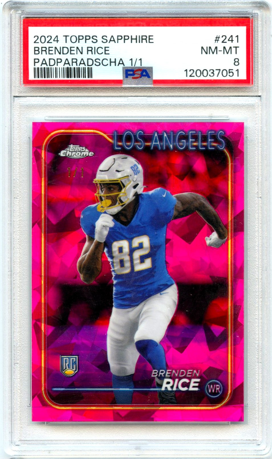 Brenden Rice RC 2024 Topps Chrome Sapphire Padparadscha Rookie SP 1/1 PSA 8-1