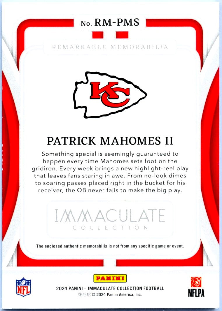 Patrick Mahomes II 2024 Immaculate Platinum Blue Remarkable Jersey Patch SP 5/5