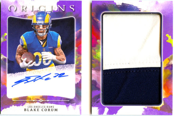 Product Blake Corum RC 2024 Panini Origins Purple Booklet Rookie Patch Auto SP 8/8 Link