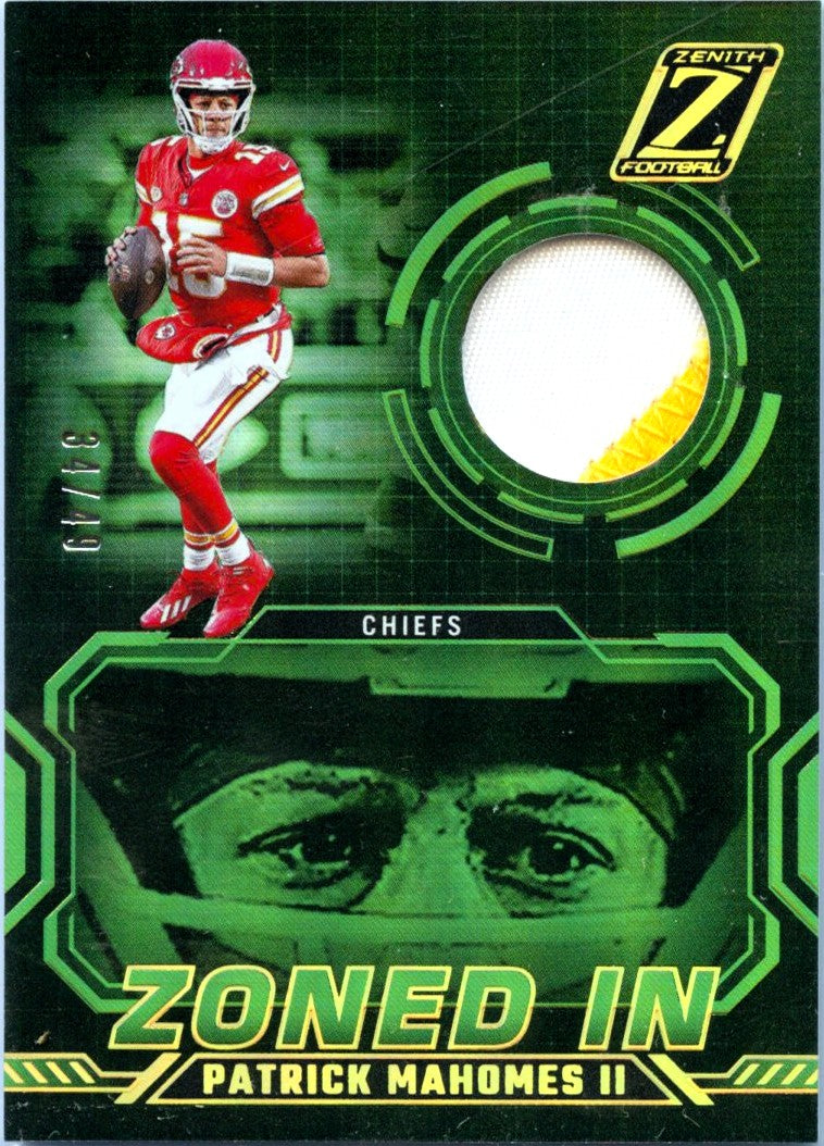 Patrick Mahomes II 2024 Panini Zenith Zoned In Green Jersey Patch SP 34/49