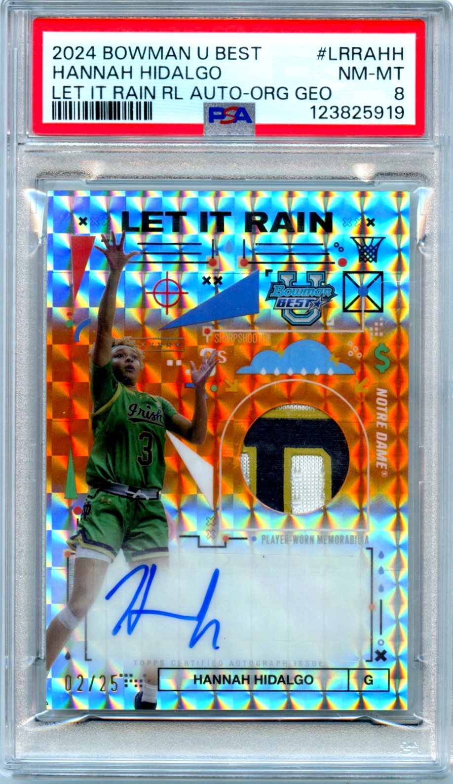 Hannah Hidalgo RC 2024 Bowman U Best Orange Geometric Let It Rain Rookie Patch Auto SP 2/25 PSA 8-1