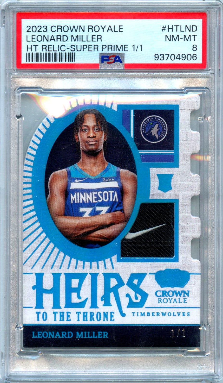 Leonard Miller RC 2023-24 Panini Crown Royale Super Prime Heirs To The Throne Nike Swoosh Rookie Patch SP 1/1 PSA 8-1
