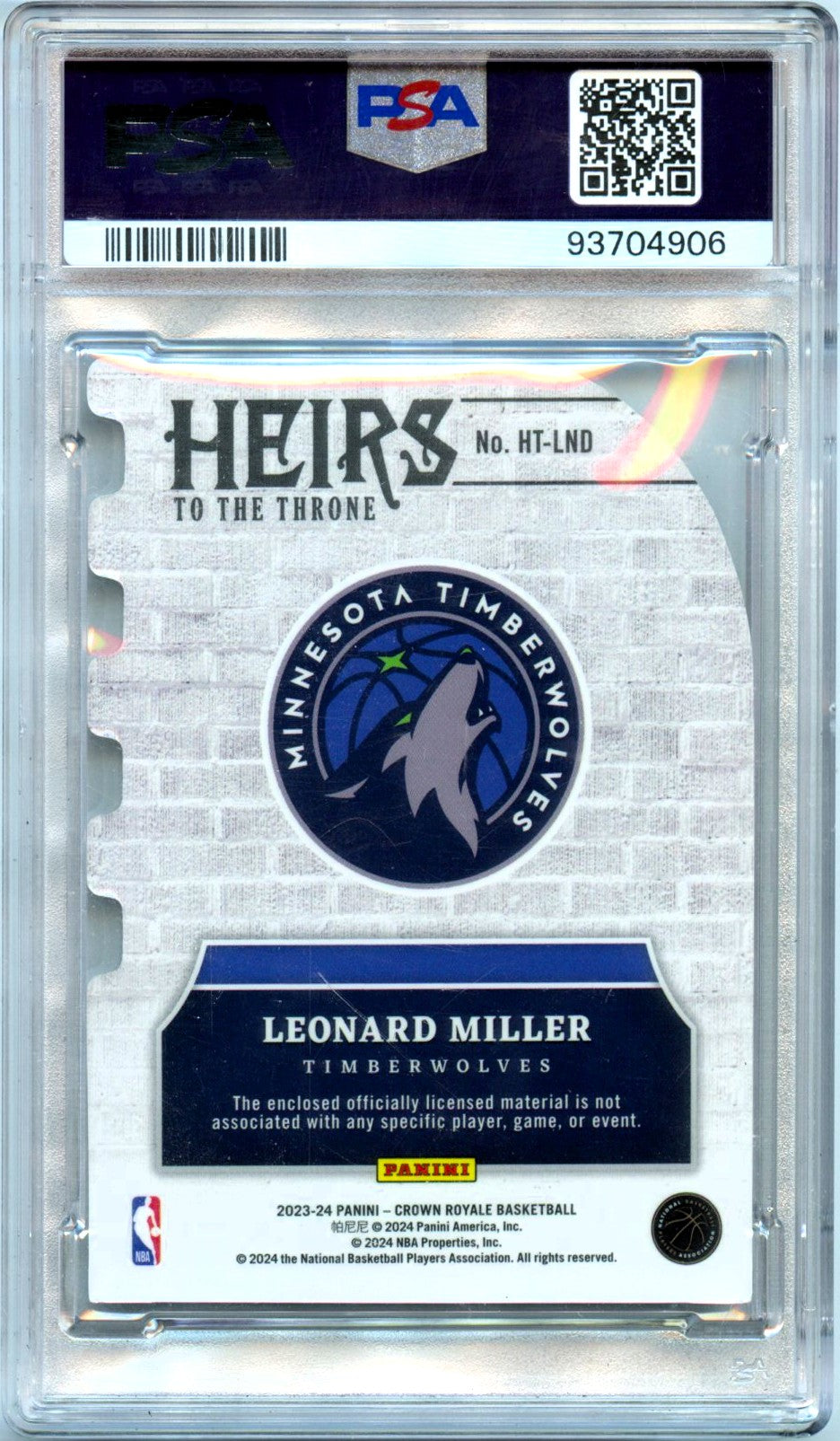 Leonard Miller RC 2023-24 Panini Crown Royale Super Prime Heirs To The Throne Nike Swoosh Rookie Patch SP 1/1 PSA 8-2