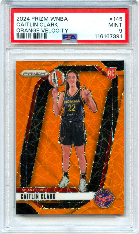 Product Caitlin Clark RC 2024 Panini Prizm Orange Velocity Rookie #145 PSA 9 Link