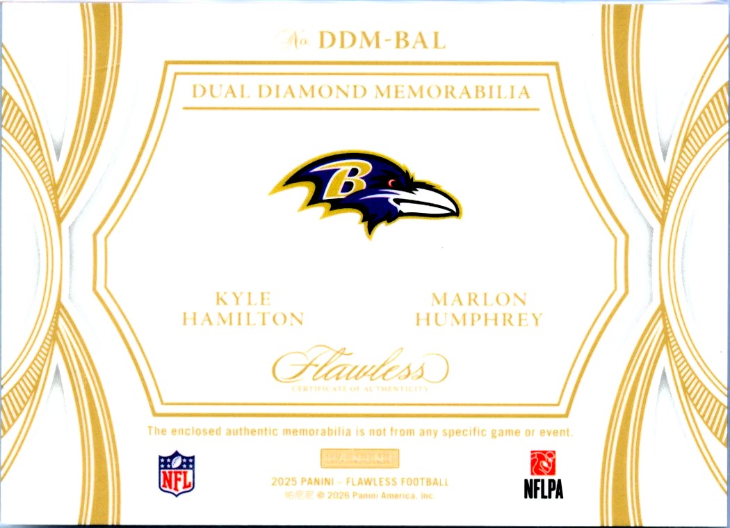 Kyle Hamilton Marlon Humphrey 2025 Flawless Dual Diamond Gold Patch SP 2/25-2