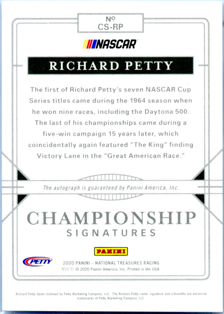 Richard Petty 2020 National Treasures NASCAR Championship On Card Auto SP 9/10-2