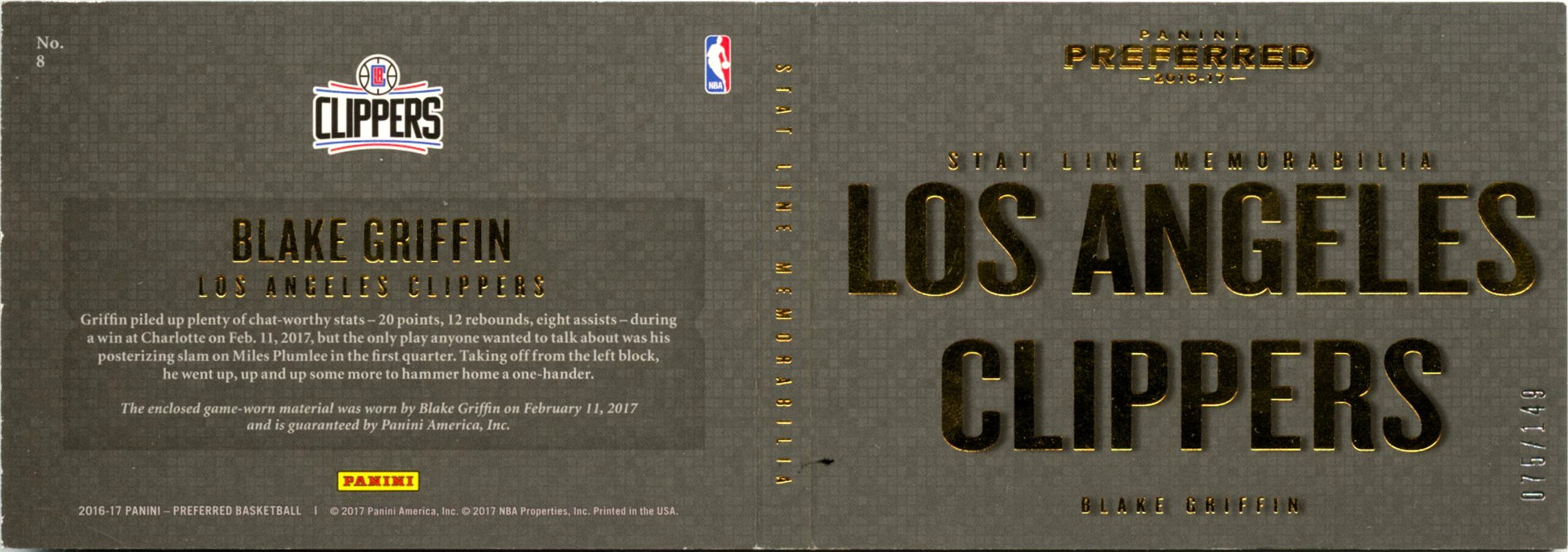 Blake Griffin 2016-17 Panini Preferred Stat Line Booklet Game Used Patch SP 75/149-2