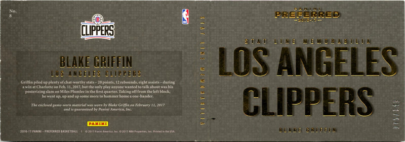 Blake Griffin 2016-17 Panini Preferred Stat Line Booklet Game Used Patch SP 75/149-2