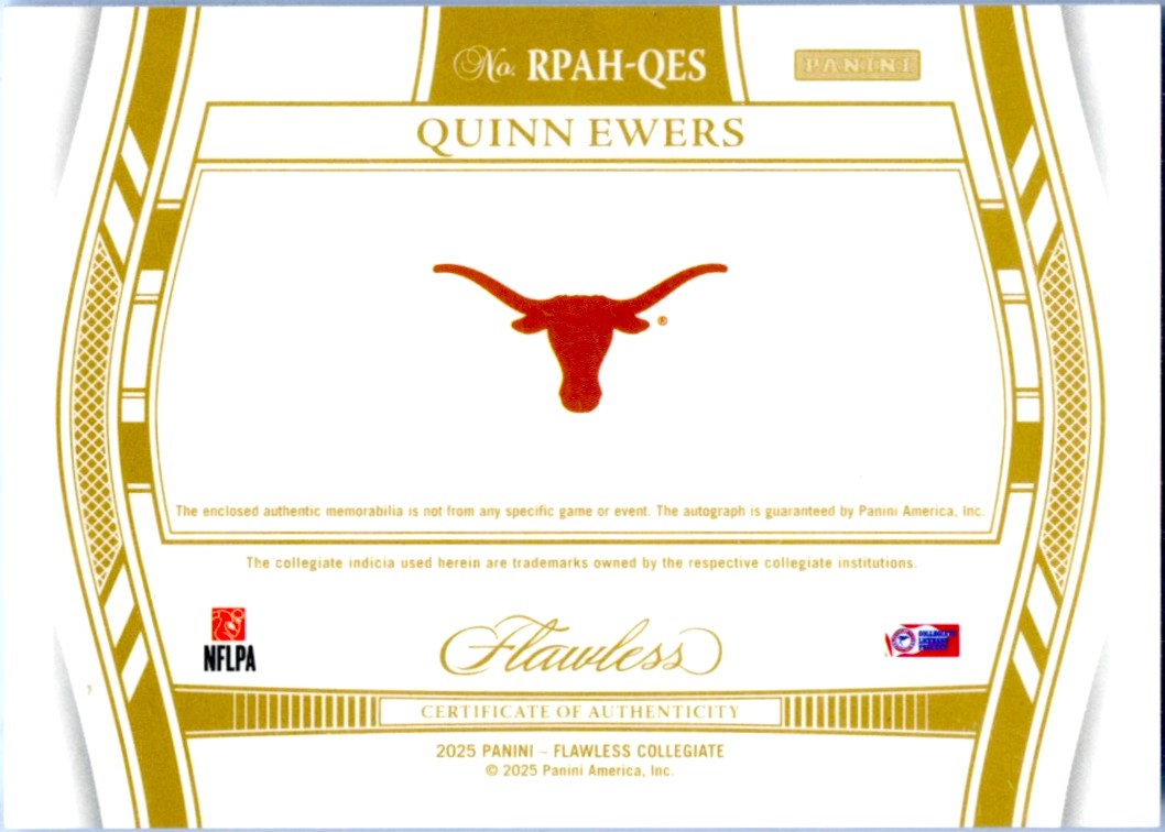 Quinn Ewers RC 2025 Flawless Collegiate Holo Silver Rookie Patch Auto SP 8/25-2