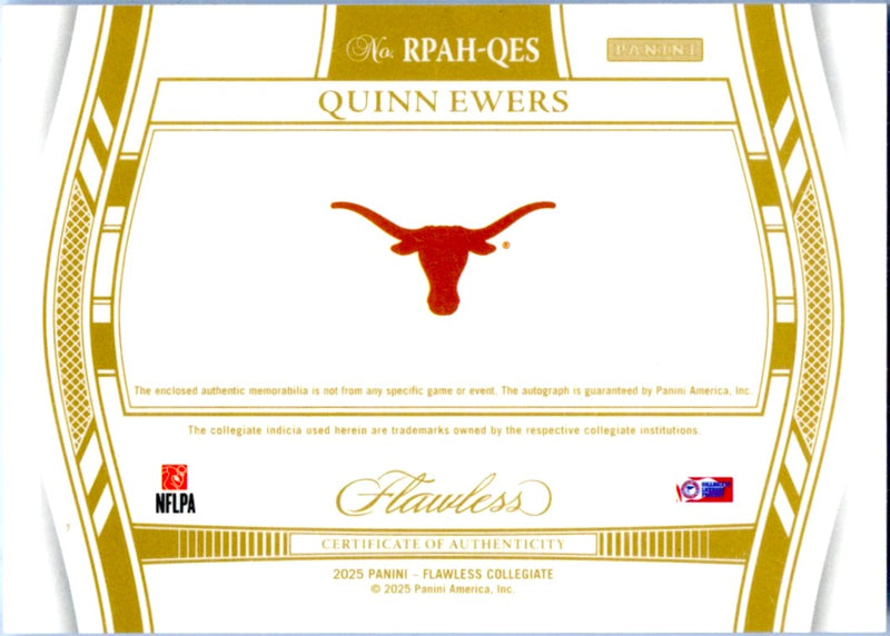 Quinn Ewers RC 2025 Flawless Collegiate Holo Silver Rookie Patch Auto SP 8/25-2
