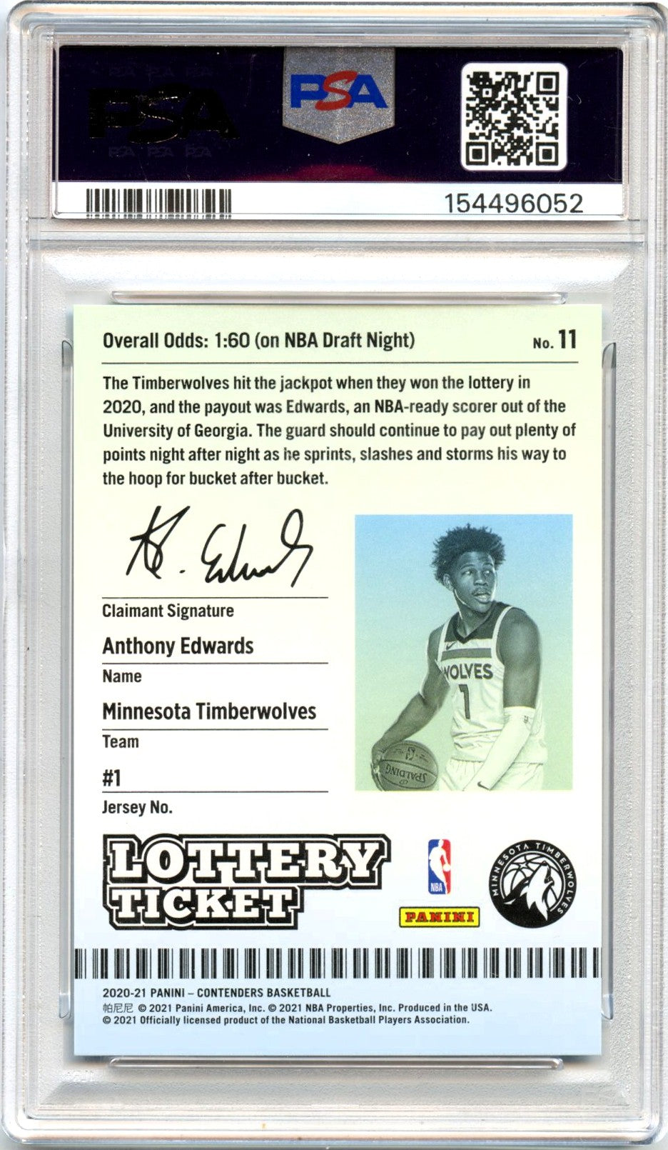 Anthony Edwards RC 2020-21 Panini Contenders Lottery Ticket Rookie #11 PSA 9-2