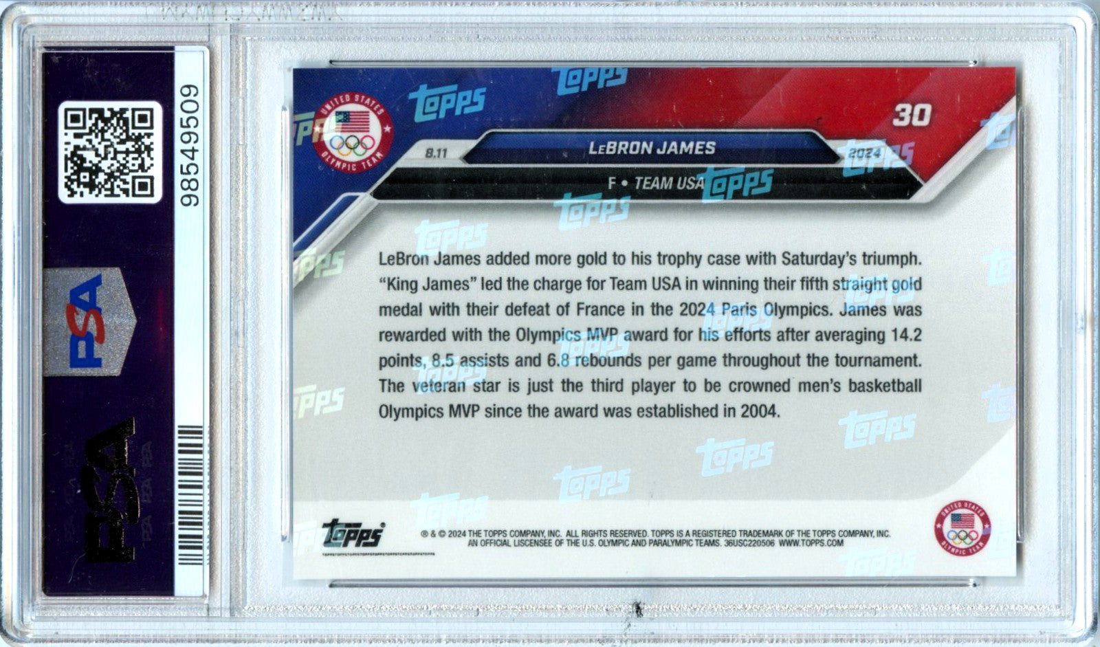 Lebron James 2024-25 Topps Now Olympics #30 PSA 10