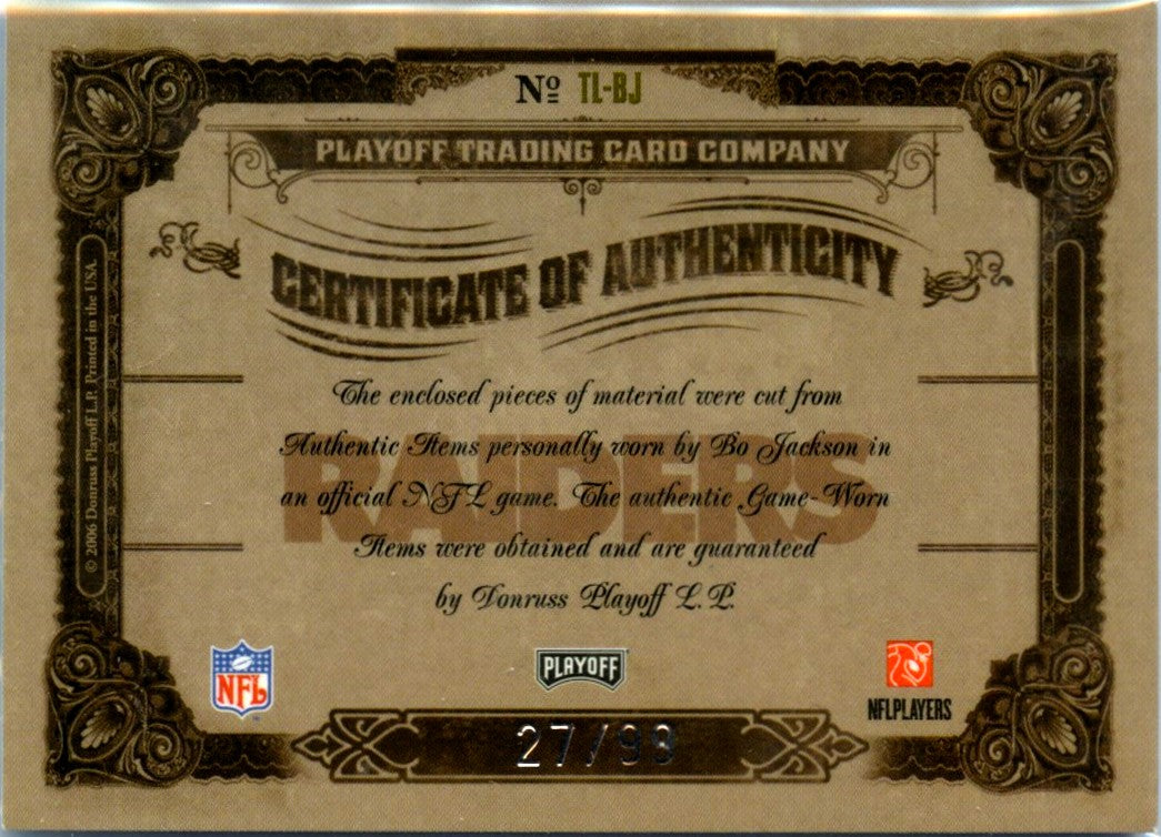 Bo Jackson 2006 National Treasures Rookie Year Timeline Game Used Patch SP 27/99-2