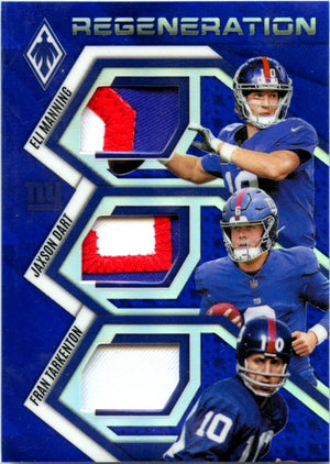 Eli Manning Jaxson Dart Fran Tarkenton 2025 Panini Phoenix Purple Regeneration Triple Patch Rookie SP 22/199