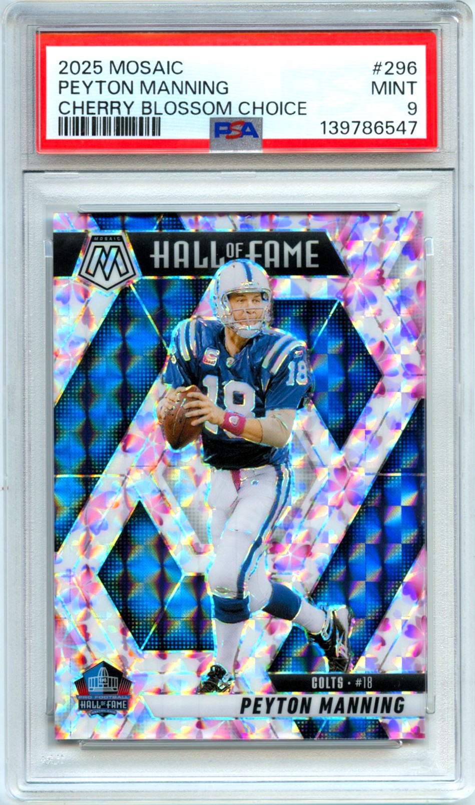 Peyton Manning 2025 Panini Mosaic Cherry Blossom Choice SP 12/20 PSA 9