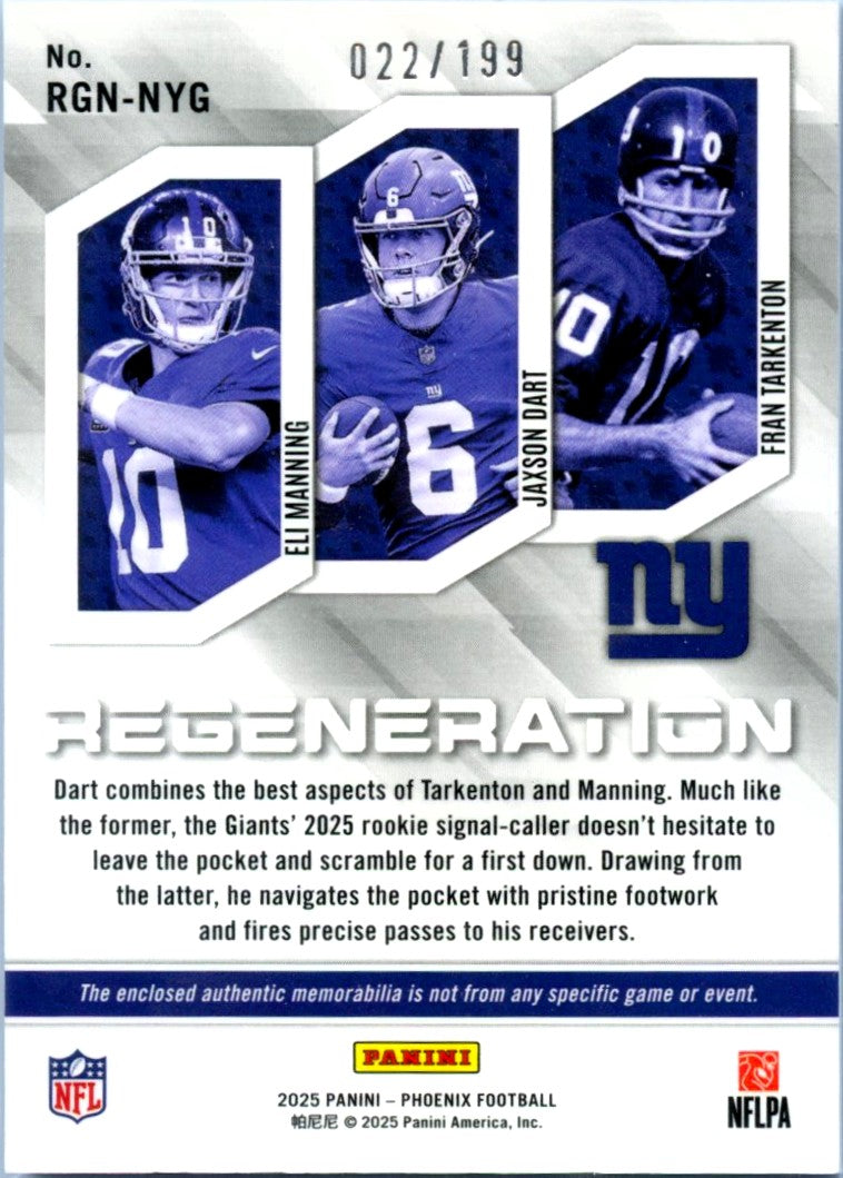 Eli Manning Jaxson Dart Fran Tarkenton 2025 Panini Phoenix Purple Regeneration Triple Patch Rookie SP 22/199-2
