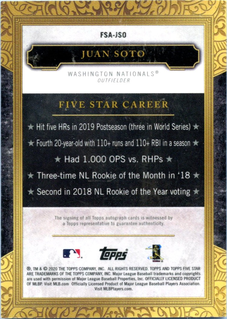 Juan Soto 2022 Topps Five Star Purple On Card Auto SP 7/50-2