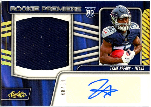 Tyjae Spears RC 2023 Panini Absolute Rookie Premier Patch Auto SP 48/99