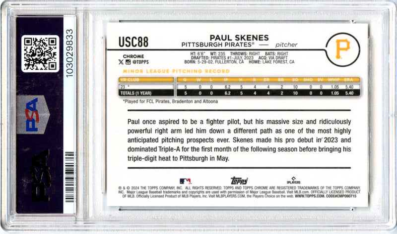 Paul Skenes RC 2024 Topps Chrome Raywave Refractor Rookie PSA 10-2