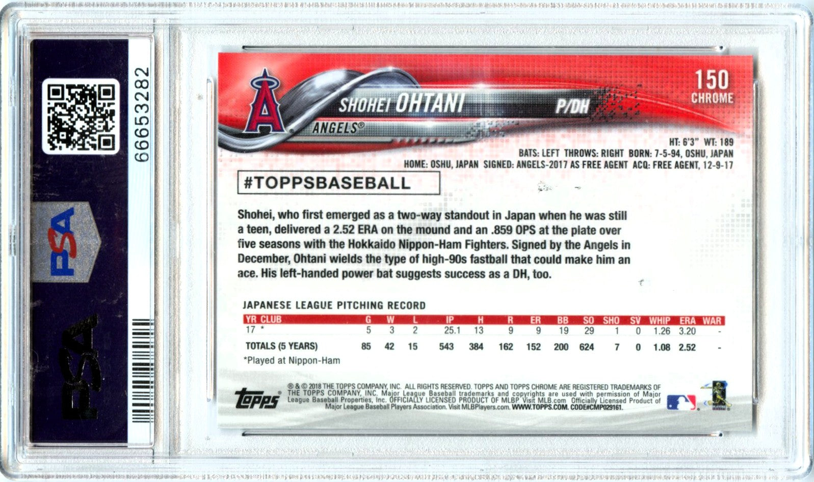 Shohei Ohtani RC 2018 Topps Chrome Rookie #150 PSA 10-2