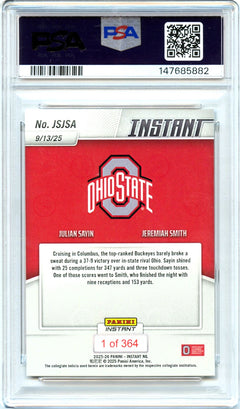 Julian Sayin Jeremiah Smith RC 2025 Panini Instant NIL A Variation Rookie SP /364 PSA 10-2